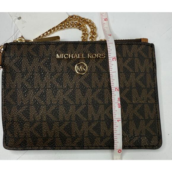 Michael Kors Wristlet Wallet with Gold Chain Brown on Black 5 X 3.5 inches - Picture 5 of 8